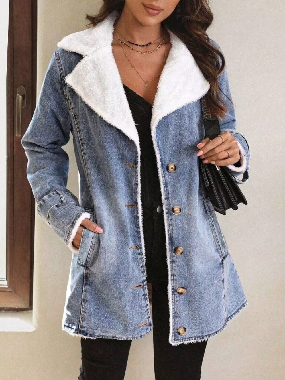 Casual Women's Teddy Lined Lapel light Wash Loose Denim acket - Picture 3 of 5